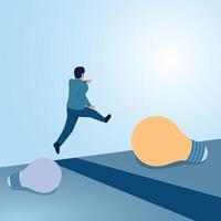 A man jumps over a cliff towards a new idea lamp. Illustration of transformation, innovation and change for the better. vector
