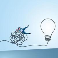 A man jumps over a tangled rope towards an idea lamp. An illustration of transformation, innovation and change for the better. vector