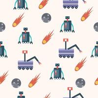 Seamless pattern featuring robots, meteors, and moon elements in a futuristic and space-themed design vector