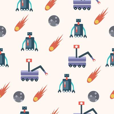 Seamless pattern featuring robots, meteors, and moon elements in a futuristic and space-themed design