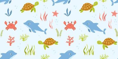 Seamless pattern with sea animals, underwater life, illustrations on white background. Nautical repeating design for nursery vector