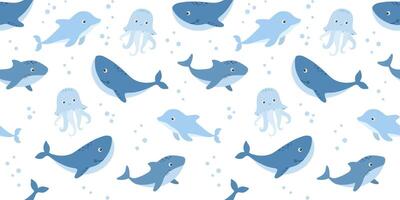 Seamless blue pattern with sea animals, underwater life, illustrations of jellyfish, shark, dolphin on white background. Nautical repeating design for nursery vector