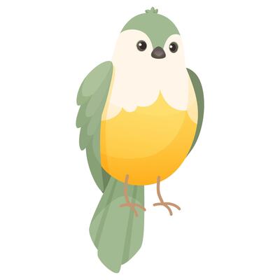 Cute green bird with yellow breast, on white background. Flat cartoon character design. Bird icon, budgie, sparrow, canary. illustration isolated on white background.