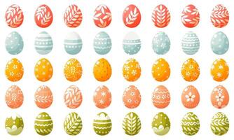 A large set of painted Easter eggs of different colors on a white background. Decorated Easter eggs, with floral and geometric ornaments. Easter egg hunt, an attribute of the holiday. vector