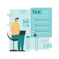 A man is sitting at a desk with a laptop and a tax form vector