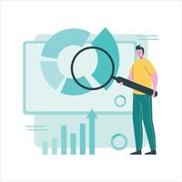 Man with magnifying glass looking at pie chart vector