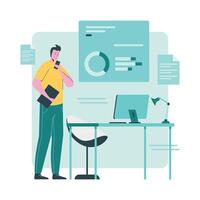 Man standing near a desk with a laptop and a phone vector