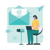 A woman sitting at a desk with an email open vector
