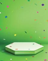 3d product presentation podium background on vibrant green background with with colorful confetti falling vector