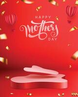 happy mother's day 3d product presentation podium on red background with golden falling confetti vector