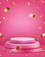 3d round product presentation podium on pink background with golden falling confetti vector