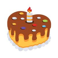 Heart cake with a burning candle on it, 3d style icon vector