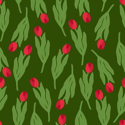 Seamless spring floral pattern red tulips on dark green