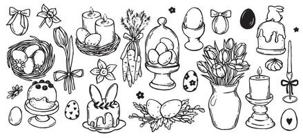 Easter illustration in doodle style. set of elements, flowers, Easter cake, eggs, table setting. vintage sketch vector