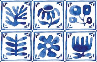 seamless pattern of abstract flowers and plants in modern style, tile. blue watercolor vector