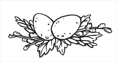 Easter illustration in doodle style. composition with Easter eggs and willow branches. vintage sketch vector