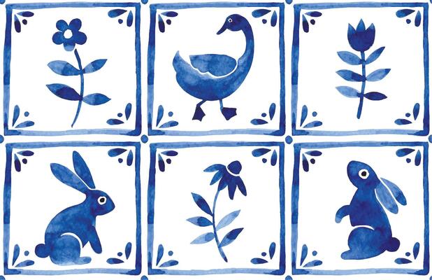 seamless pattern tile with flowers and animals. vintage style blue watercolor