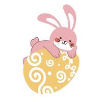 Cute little pink Easter bunny carrying and lying on an Easter egg design cartoon illustration isolated on white background. Cute smiling little rabbit with an pattern painted egg. vector