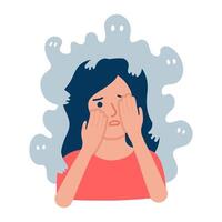 Young sad woman with panic attack, stress, shock. Taking care of psychological health in case of anxiety, disorder, other mental problems. Shadow of fears. Girl character cartoon illustration vector