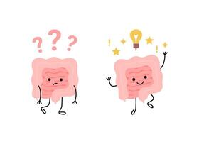 Health of intestine sad disease gut with question and happy healthy with light bulb as idea, cartoon child character. Check health of bowel. Confused gut, seek answer and finds solution. illustration vector