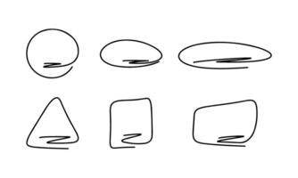 Frame of different shapes for text, hand drawn doodle line set. Scribble of circle, oval, triangle, square, rectangle. Highlight and underline text. Drawn black line sketch. elements isolated vector