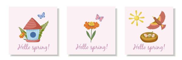 Set of spring cards with orange flower and butterfly, bird, birdhouse and nest on a light pink background. vector