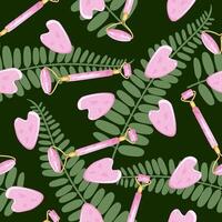 Beauty seamless pattern with Guasha massage set for self care and leaves on the deep green background. Mesoscooter and gua sha stone scraper. Roller massager for face. vector