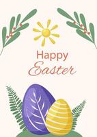 Spring card with bright Easter eggs with patterns framed by green leaves and the sun on a light background. vector