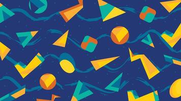 Dynamic geometric pattern with colorful triangles, circles, and abstract shapes on a deep blue background. Ideal for modern wallpapers, digital design, and trendy graphic projects. vector