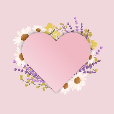 Floral heart frame with daisies and lavender and wild flowers illustration. Spring summer cards, wedding invitations, love-themed designs, social media posts,decorative prints