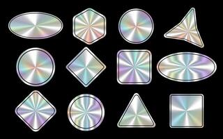 Shiny holographic iridescent stickers decals set in various geometric shapes. Abstract holographic badges with metallic gradient design. Blank designs for tag, badge, icon, certificate, coupon. vector