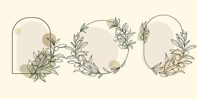Minimalist botanical frames set with olive branches and abstract shapes in neutral tones. Elegant floral line art design suitable for invitations, branding, logo, and decor. illustration vector