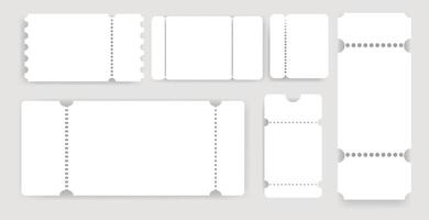Blank ticket template set with perforated edges set.collection of blank white ticket card templates in various shapes and sizes for event, coupons, invitations,custom designs. illustration vector