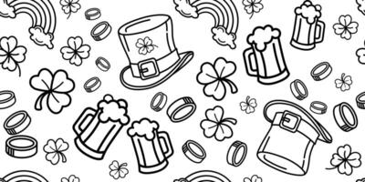 Irish holiday pattern with leprechaun hats, beer, and shamrocks Seamless black and white pattern with St. Patricks Day symbols for festive backgrounds, holiday decorations, coloring pages. vector