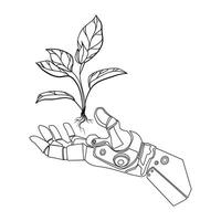 Robotic bionic hand holding a growing plant line art logo,icon,print,emblem, . Futuristic technology and nature concept. Cybernetic hand with sprouting plant minimal design.AI and nature balance vector