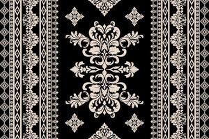 Seamless gold and brown floral damask tracery shape with geometric ethnic tradition pattern texture on black background vector