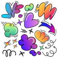 Abstract colorful doodles set with hearts, arrows, clouds, and abstract shapes with bold outlines and gradient. Playful cartoon style elements perfect for stickers, comic, digital designs. vector