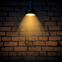 Hanging lamp casting warm light on a textured brick wall in a dark setting Loft style. Industrial and moody atmosphere, perfect for backgrounds, presentations, or design projects. illustration vector