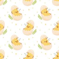 Seamless Easter Pattern with Sleeping Chicks in Eggs. Pastel Spring Background for Wrapping Paper, Fabric, and Digital Use vector