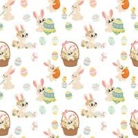 A fun and colorful seamless pattern with bunnies, chicks, and decorative eggs. Ideal for holiday packaging, fabrics, and card designs. vector