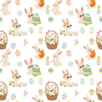 A fun and colorful seamless pattern with bunnies, chicks, and decorative eggs. Ideal for holiday packaging, fabrics, and card designs.