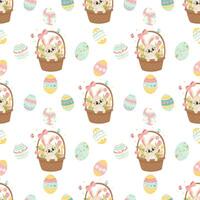 Easter Pattern with Bunny in a Basket and Decorated Eggs. Cute Digital Paper for Scrapbooking, Stickers, and Wrapping Paper vector