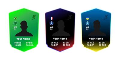 Customizable football player card template with national flags of Brazil, France, and Ukraine. Digital design with player silhouette, stats, and gradient backgrounds. vector
