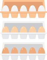Set of chicken eggs in white, brown and light brown colors in egg trays with open covers . vector