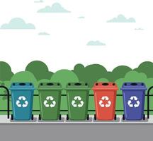 Colorful recycling bins lined up in a park with a flat, minimal art style vector