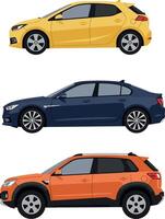 Three distinct car models showcased in a flat design style featuring vibrant colors and clean lines in illustration vector