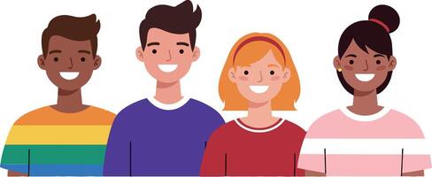 Four diverse friends smiling together in a colorful minimal style illustration vector