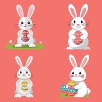 Four adorable bunnies holding colorful Easter eggs in a cheerful flat illustration setting with a vibrant background vector