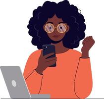 Young woman with curly hair using smartphone while sitting at a laptop in flat art vector