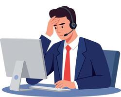 Frustrated customer service representative in a suit using a headset at a computer desk illustration vector